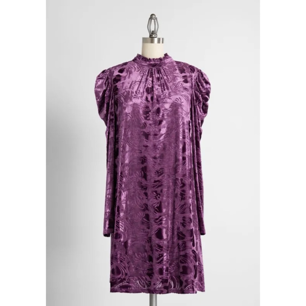 Modcloth Purple Velvet Burnout Noveau Shift Dress Long Puff Sleeve Ruffle Collar